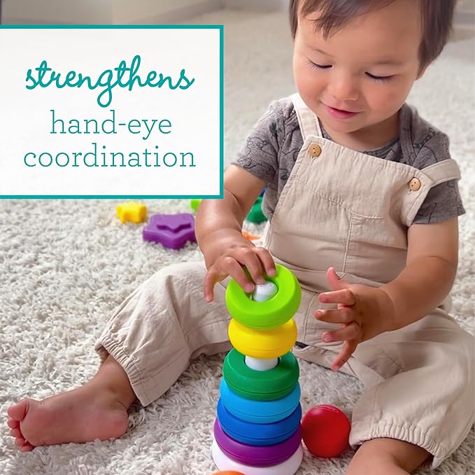Infantino Tower Stackers Playset, Multicolor Rainbow-Themed Stacking Towers for Babies 12M+, 3-Style Set, Rings, Squares & Stars, 23 Pieces