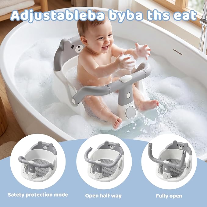 Baby Bath Seat for Babies 6 Months & Up, Non-Slip Toddler Bath Seat with Suction Cup, Baby Friendly and Comfortable Portable Infant Bathtub Chair Sitting Up for Bathroom (Grey)