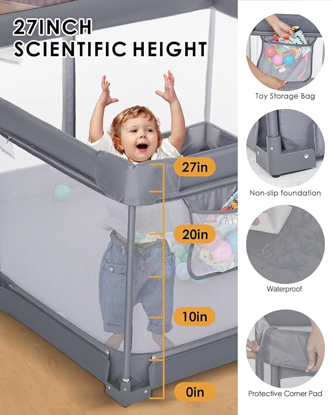 Veraste Foldable Baby Playpen, 51"x51" Indoor & Outdoor Play Yard with Single-Joint Frame, Breathable Mesh, Non-Slip Base, Portable Playpen for Toddlers and Infants (Grey)