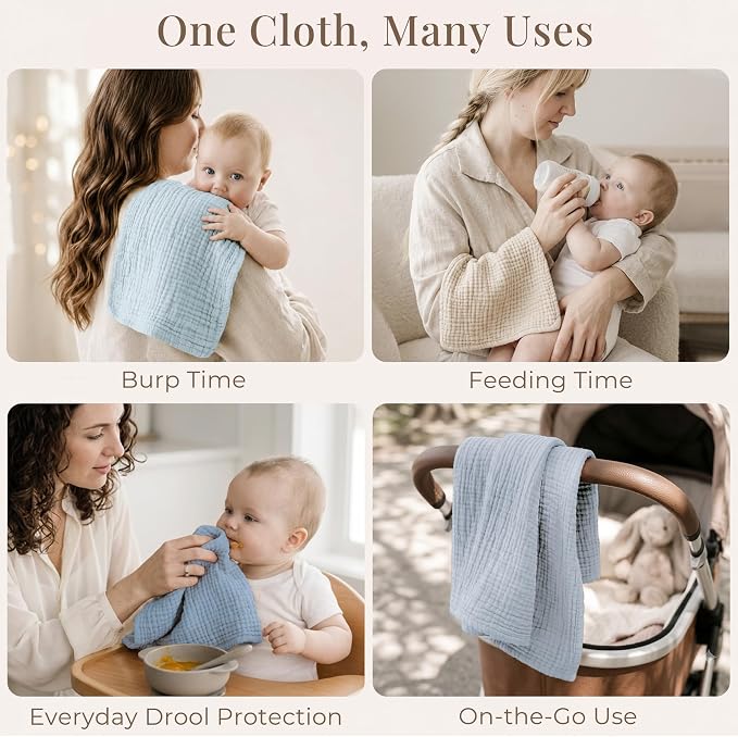 Konssy Muslin Baby Burp Cloths Sets for Unisex- 7 Pack Soft 100% Cotton Burping Clothes for Newborn，Baby Girls and Boys