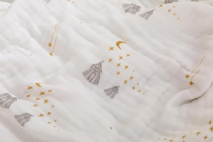 Ultra Soft 6-Layer Cotton Muslin Baby Blanket 43"x43" Breathable Lightweight Moon Star and Tent Muslin Swaddle Blankets for Toddlers Baby Birthday Gifts All Seasons