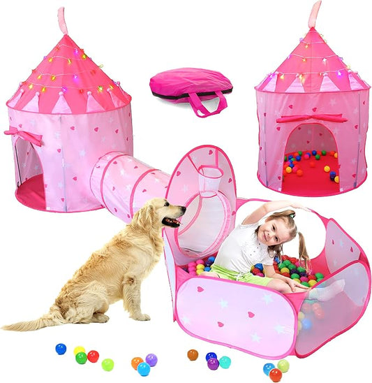 4pc Princess Kids Pop Up Play Tent, Crawl Tunnel, Ball Pit | Includes Star Lights & Carrying Case |, Children Indoor Castle Playhouse for Girls, Toddlers, 47" D x 126" W x 53" H