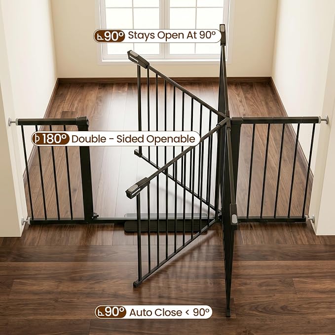 Mumeasy Extra Wide Baby Gate for Doorways, 36-63" Walk Thru Dog Gate with Auto Close Dual Swing for Stairs & Hallways, Easy Install Pressure Mounted Child Safety Gate for Toddlers & Pets Indoor, Black