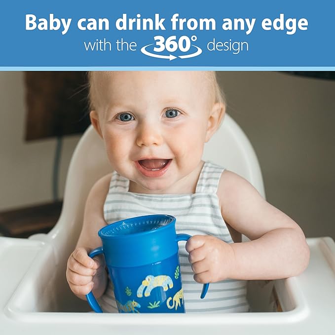 Dr. Brown's Milestones Cheers 360 Spoutless Transition Cup with Handles, Travel Friendly and Leak Free Sippy for Babies and Toddlers, Blue Animal Safari, BPA Free, 7 oz/200 mL, 6m+, Value Pack