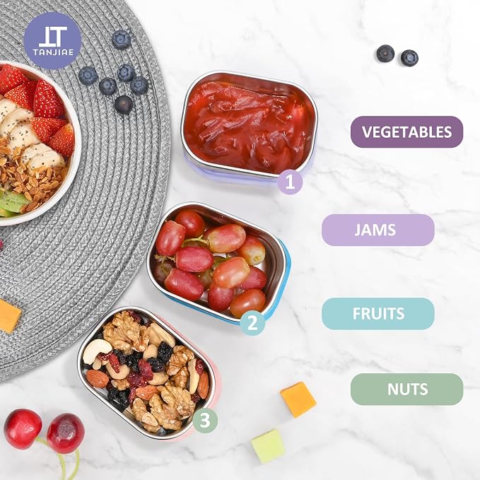 Tanjiae Snack Pro - Small (1 CUP) Stainless Steel Snack Containers for Kids | Easy Open Leak Proof Food Containers with Silicone Lids - Perfect Metal Toddler Lunch Box for Daycare and School (8oz*3)