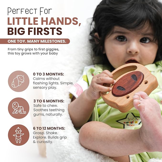 First Baby Rattle for Newborn (0?? Months) ??Natural Wooden Sensory Toy for Babies ??Gentle Rattle Sound, Safe First Handheld Infant Toy Gift