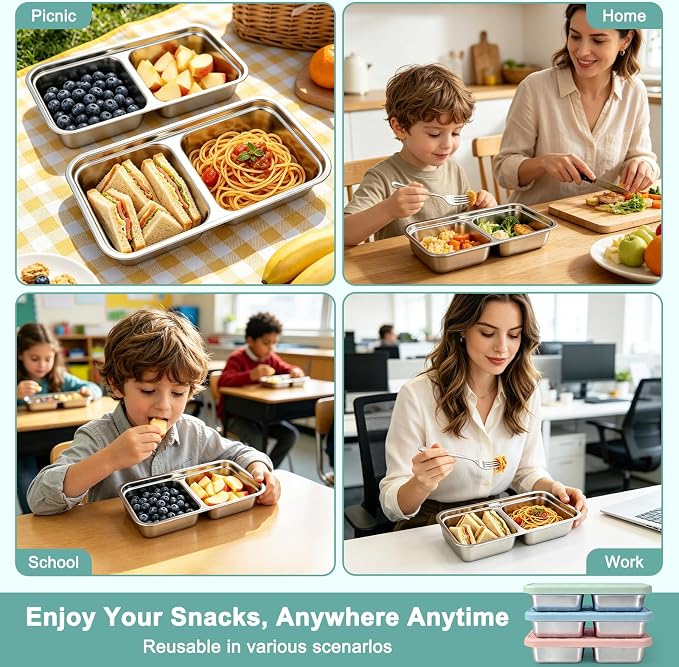 3 Pack 15 oz Stainless Steel Snack Containers for Kids | Metal Snack Box with Silicone Lids,2 Compartment Stackable Toddler Lunch Containers with Insulated Bag for School Travel