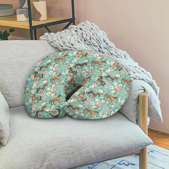 Flower Horse Nursing Pillow Cover for Girl Boy Breastfeeding Pillow Slipcovers Stretchable Newborn U-Shaped Breastfeeding Pillowcase Cushion Covers Vintage Green