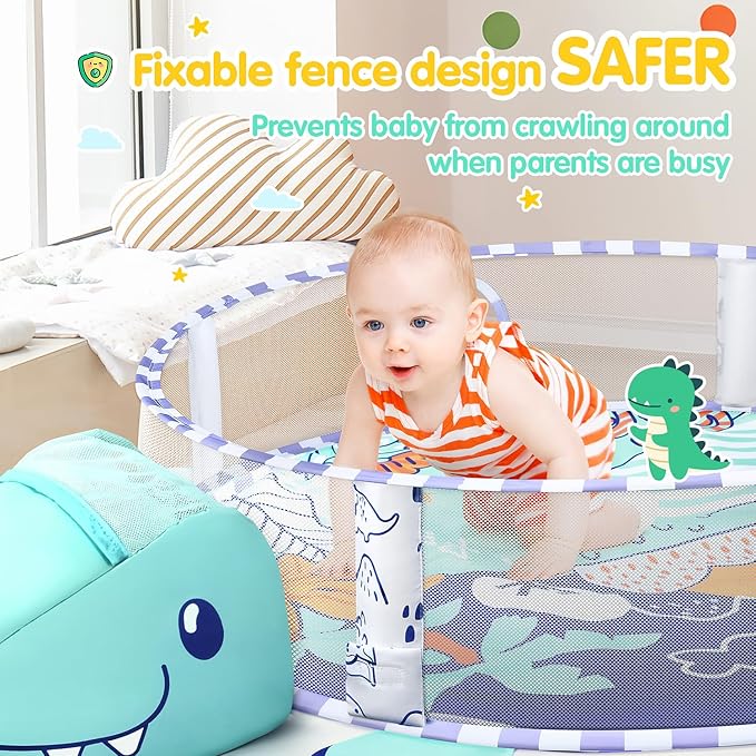 WeeHomm 5-in-1 Baby Play Mat - Dinosaur Themed Activity Gym for Babies 0-6 Months with Ball Pit, Detachable Sensory Toys, Pillow, Machine Washable
