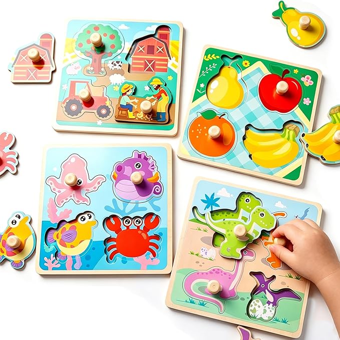LovesTown Wooden Peg Puzzles Learning Toys Montessori Educational Knob Puzzle with Handles for Toddlers Preschool Kids 4 PCS