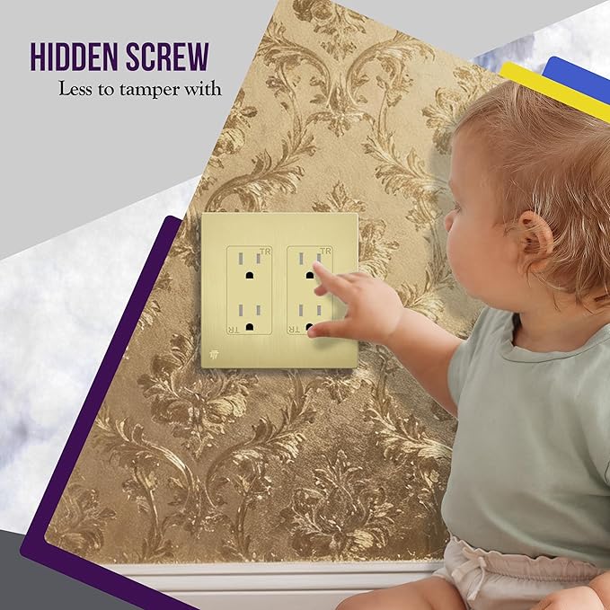 ENERLITES Elite Series Screwless Decorator Wall Plate Child Safe Outlet Cover, Size 2-Gang 4.68" H x 4.73" L, Unbreakable Polycarbonate Thermoplastic, SI8832-BGD-10PCS, Brushed Gold 10 Pack