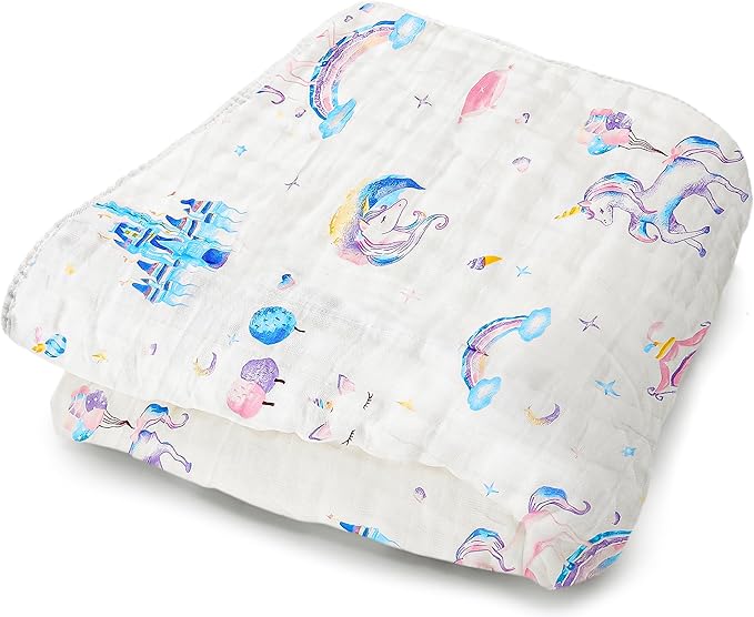 ZPECC Muslin Toddler Blanket Thicker, 47x47 Organic Cotton Kids Quilt Hypoallergenic for Baby Essentials Crib Stroller Daycare Cot, Unicorn