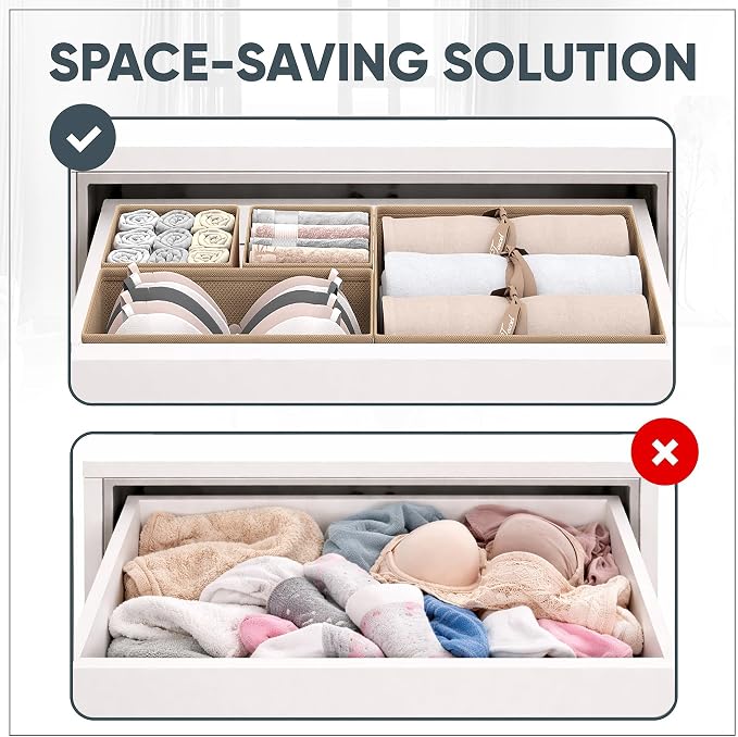 Clothes Organizer, Transform Your Drawers in Seconds - Cream Set of 6 Foldable Storage Boxes with Zipper, Durable 600D Fabric, Includes Fragrance Sachets, Ideal for Underwear, Socks, Baby Clothes