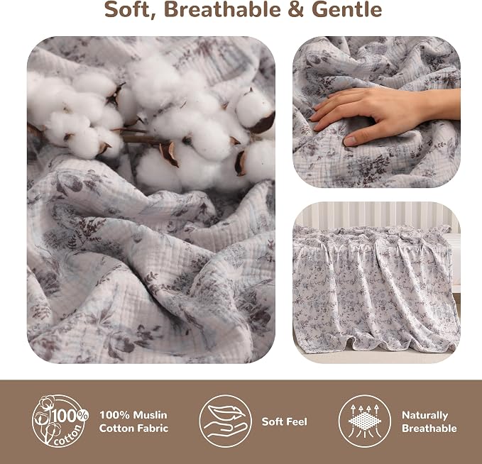 NTBAY Muslin Toddler Blanket, 4-Layer, 30x40 Soft and Breathable Receiving Blanket for Newborns and Infants, Crib Stroller Travel Use, Vintage Bloom