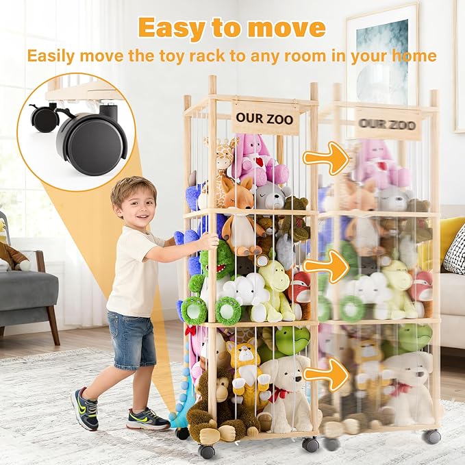 Dayacoco Stuffed Animal Storage with Brake Wheels, Wood Stuffy Animal Storage Zoo Holder Bin, Large Capacity Toy Organizer with Elastic Band and Net for Nursery Play Room Bedroom (Pine Wood 54in)