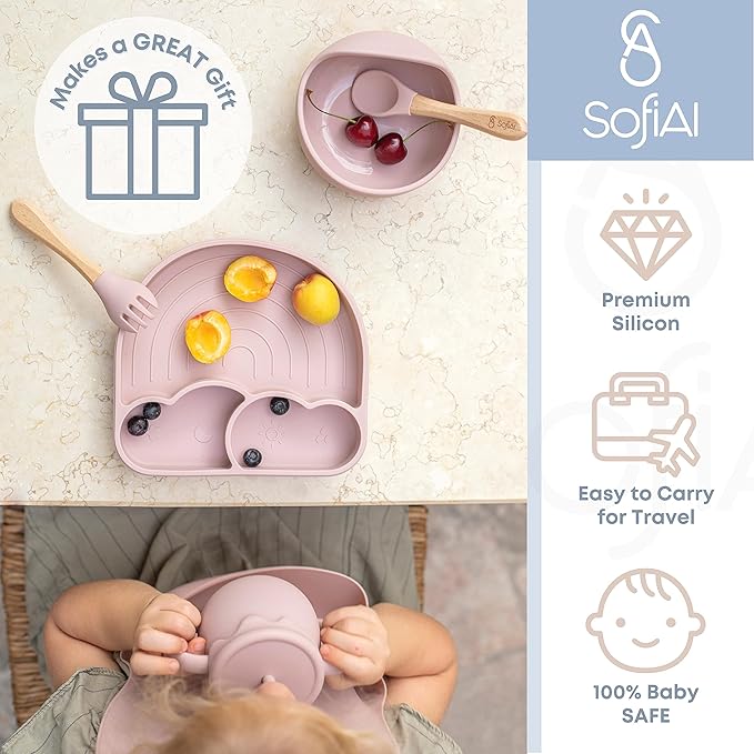BPA-Free Non-Toxic Silicone Baby Feeding Set ??Suction Plate, Bowl, Bib & Cup ??11-Piece Baby Led Weaning Set for Ages 6-18 Months ??Eco Gift Bag (Rose Pink)