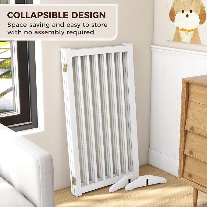 36" H Freestanding Dog Gate, Solid Wood Foldable Pet Gate with Support Feet, Wooden Tall Dog Gate for Doorway, Stairs & Indoor Use, 60" Wide Expandable Pet Fence, 3 Panels, White