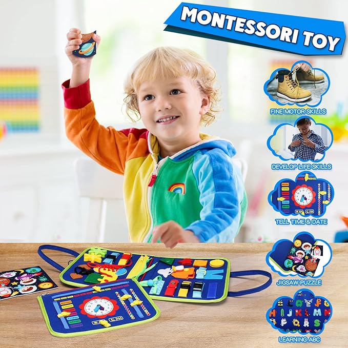 Guolely Busy Board Montessori Toy for 3-6 Year Old Toddlers - Educational Activity Developing Sensory Board for Fine Basic Dress Motor Skills - Travel Toys for Plane Car, Gift for Boys Girls