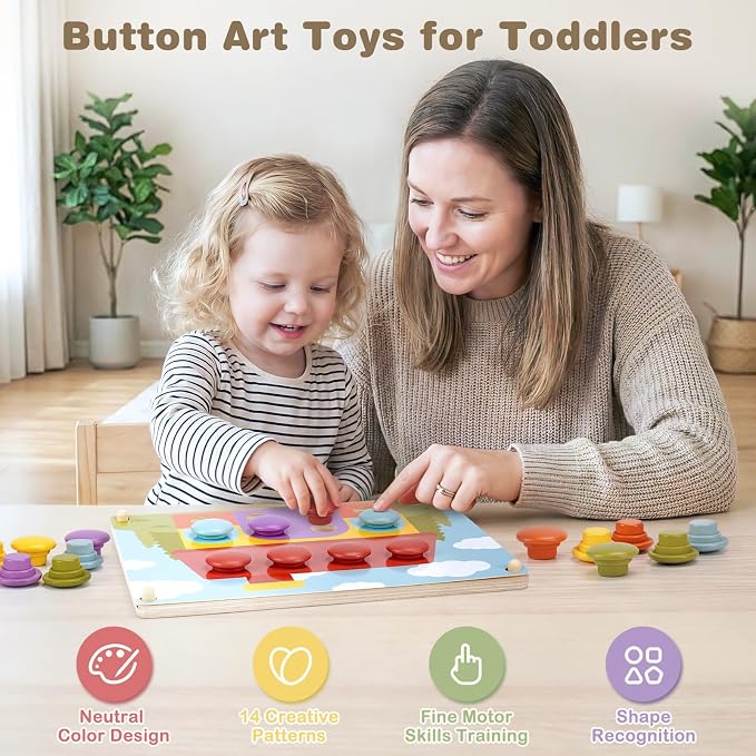 Joyreal Montessori Toys for 2 Year Old, Wooden Button Art Toys for 2 3 4 Year Old Girls Boy Birthday Gifts, Color Matching Puzzle Pegboard Button Game for Learning Educational Toys for Toddlers 2-4