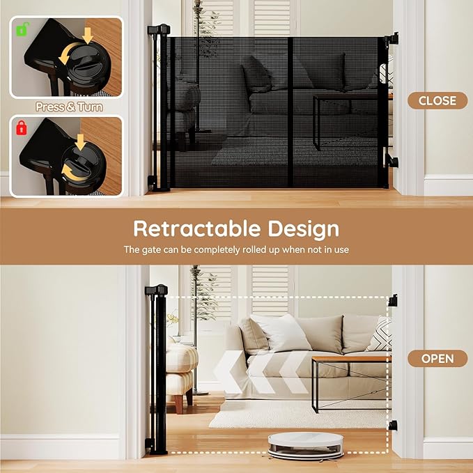 Miumoon One-Hand Operation Retractable Baby Gates, 120 inch Retractable Gate with Reinforced Strip Design to Prevent Crawling Through, 10 FT Extra Wide Retractable Dog Gate for Indoor/Outdoor