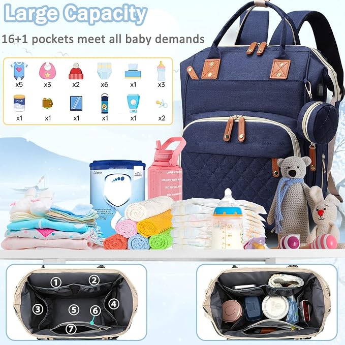Black Diaper Bag Backpack, Multifunctional Waterproof Mommy Bag with Changing Pad, USB Port, Stroller Straps, Large Capacity Baby Travel Bag (blue)