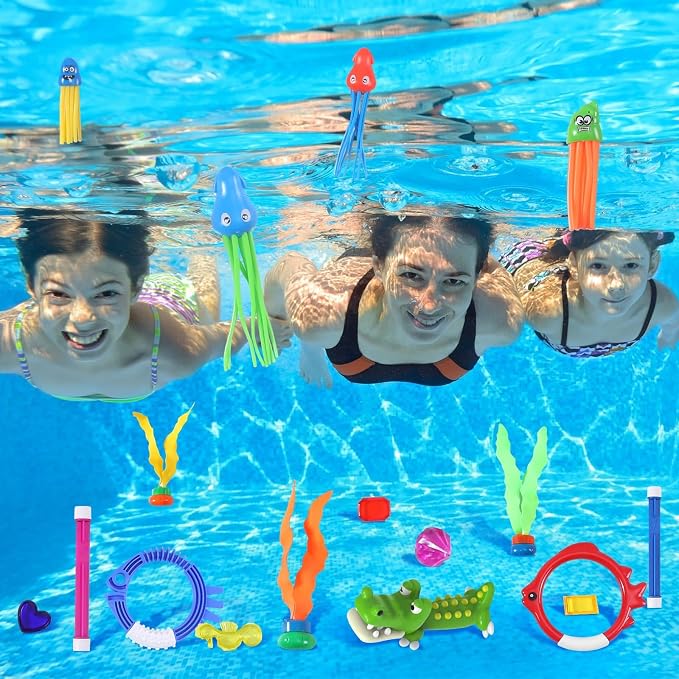 32 Packs Summer Pool Diving Swimming Essentials Water Toys for Kids, Fun Swim Games Sinking Set, Underwater Dive Easter Day Gifts with Storage Bag Include Torpedo Gems Shark Rings Sea Animals