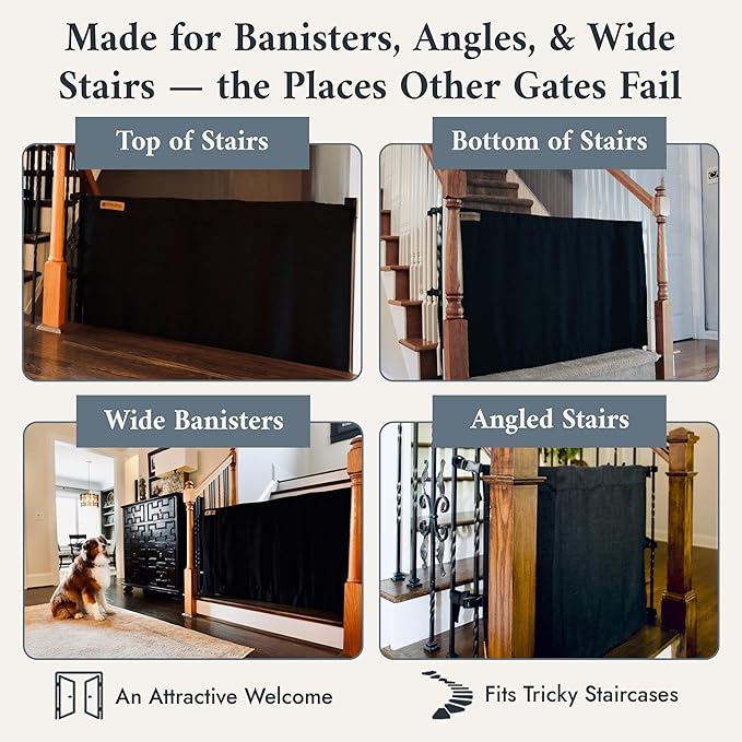 The Stair Barrier First Fabric Banister to Banister Baby Gates for Stairs 42”–52” Wide x 32” Tall– No Drill Baby Gate for Top or Bottom Staircase, Machine-Washable Climb Proof, Designed in USA, Black