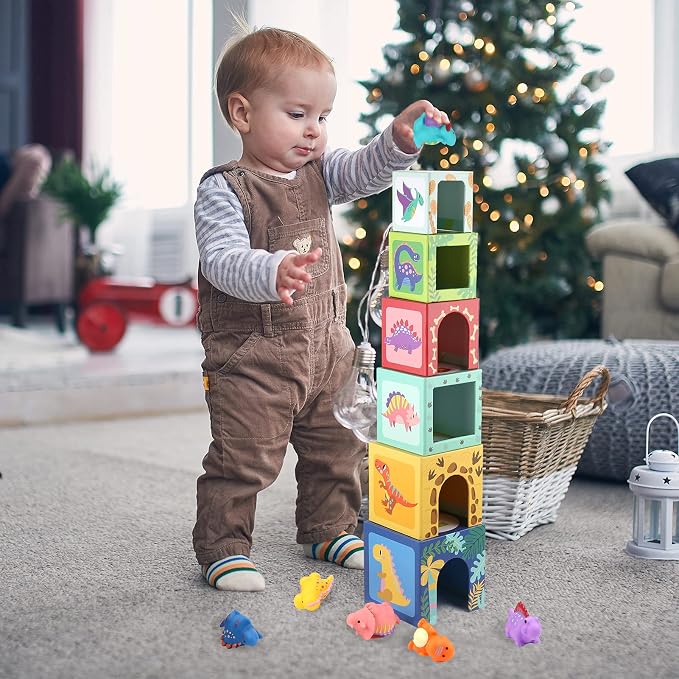 KMTJT Toddlers and Babies Dinosaur Sorting and Stacking Toys Blocks for 1-3 Kids Preschool Learning, Numbers Nesting Boxes Montessori Toys Gifts for 1 2 3 Year Old Baby Boys Girls