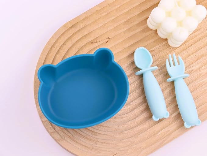 Silicone Bowl Suction with Spoon and Fork for Babies 6 months+ Suction Bowls for Baby Utensils 6-12M+ BLW Baby Essentials Newborn Essentials Must Haves (Aquamarine)