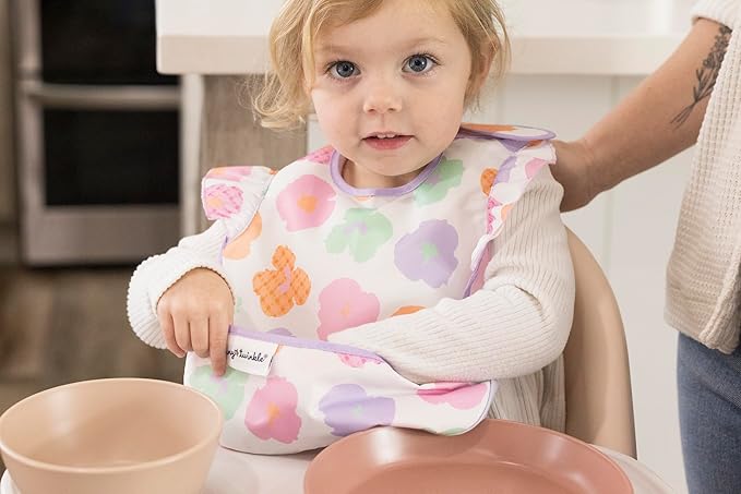 Tiny Twinkle Mess-Proof Baby Bibs for Eating | Waterproof, Wipeable Toddler Bibs with Catch-All Pocket | Feeding Bibs for Girls & Boys(3 Pack, Floral Pop)