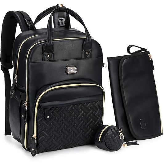 Dikaslon Leather Diaper Bag Backpack with Portable Changing Pad, Pacifier Case and Stroller Straps, Large Unisex Baby Bags for Boys Girls, Multipurpose Travel Back Pack for Moms Dads, Black