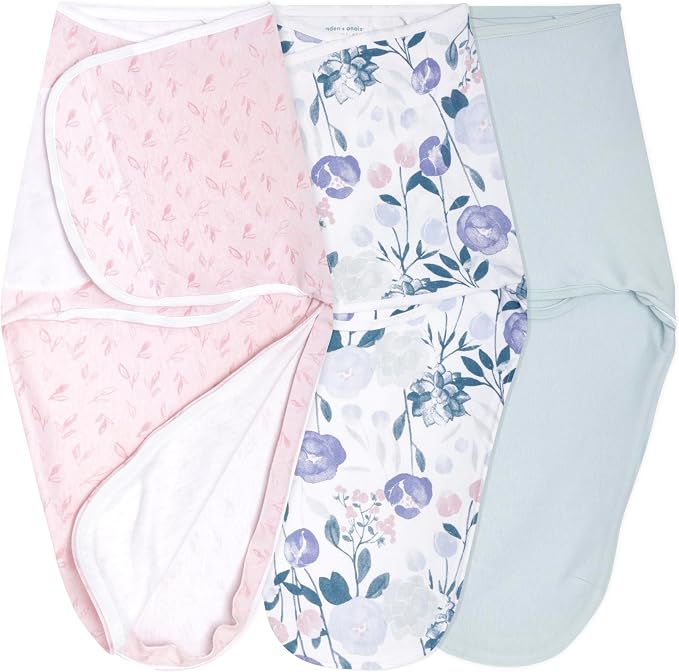 aden + anais Essentials Easy Swaddle Wrap Quick Change with Bottom Zipper, Snug Cotton Knit Baby Wrap Swaddle Blanket for Newborns, TOG 1.0, 3-Pack, Flowers Bloom, 0-3 Months, Small/Medium