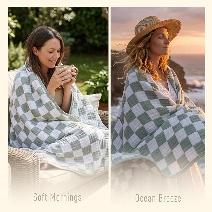 6-Layer Muslin Toddler Blanket - Made with Organic Cotton, Large 50x60 Crib Quilt & Bedding for Kids & Moms (Sage Green Checkered)