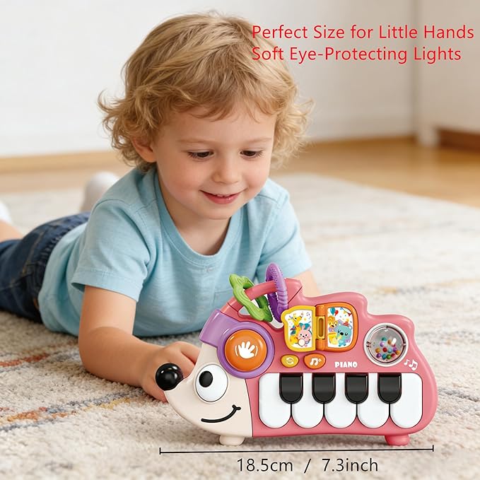 Baby Piano Drum Music Toy 6-12 Months, Hedgehog Light Up Musical Keyboard Animal Sound, Toddler 12-24 Early Learning Educational Interactive Infant Toys Girl Boy Gift 1 Year Old