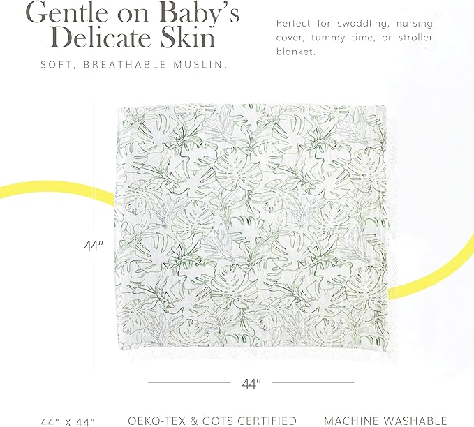 RED ROVR 100% Certified Organic Cotton Muslin Swaddle | Newborn Receiving Blanket | Baby Wrap | Boy, Girl, Unisex | Soft, Lightweight, Breathable | Burping, Nursing, Swaddling | 44"x44" | Jungle Lea