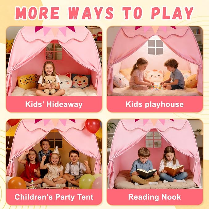 Extra Large Kids Play Tent with Star Lights & Flags, 2-Window Cone Wave Teepee for Boys & Girls, Portable Foldable Indoor Outdoor Dome Playhouse, 59.1x39.4x59.1 in, Pink