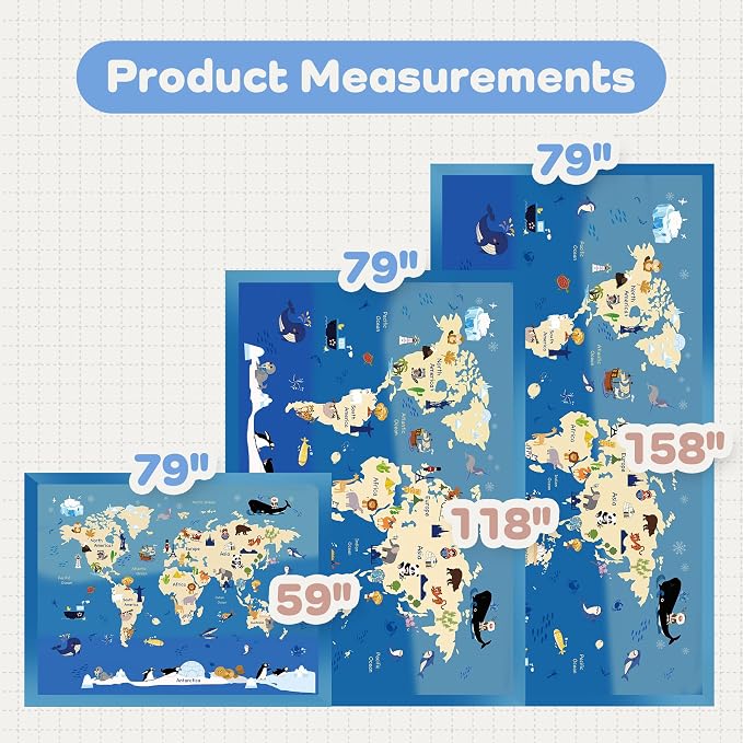 1.5" Thick Educational Large Baby Floor Play Mat 79x118, Flannel Padded Memory Foam Kids Mat, Non-Slip Plush Playmat for Nursery Playroom Classroom (World map)