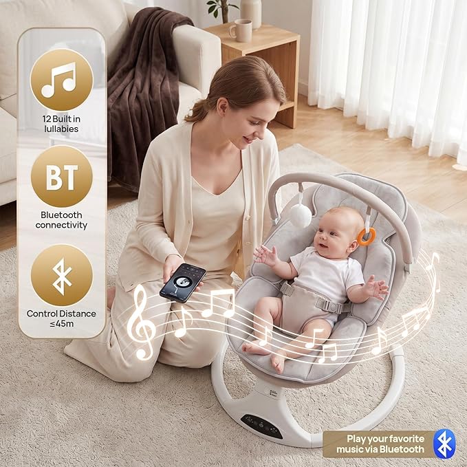Electric Baby Swing with Remote Control - 5 Natural Motion Speeds, Detachable Seat Pad | Portable Infant Swing for Indoor/Outdoor Use (0-6M, 20lbs) (Beige)