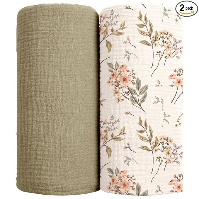 lulumoon Muslin Swaddle Blankets for Baby: Soft Cotton Newborn Receiving Blankets - Floral Print Nursery Gift Set for Baby Girls(Olive Flower)