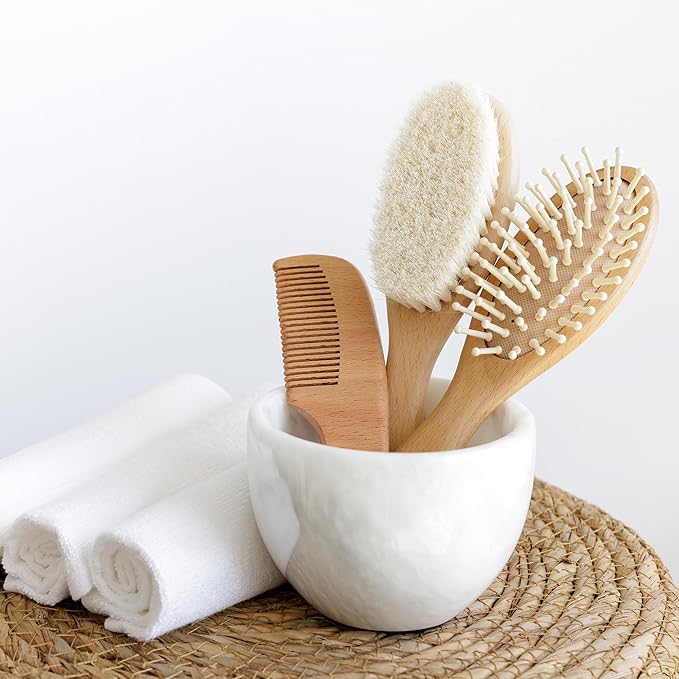 Wooden Hair Brush Set - Premium Baby Comb and Brush - Soft Natural Bristles - Organic Products - Perfect Registry Gift - Cradle Cap Brush for Newborns & Toddlers
