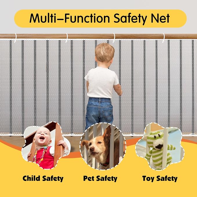 Cupount Banister Guard for Baby- 15ft x 3.3ft White Safety Mesh Netting for Pets and Kids - Stair Railing Cover for Home