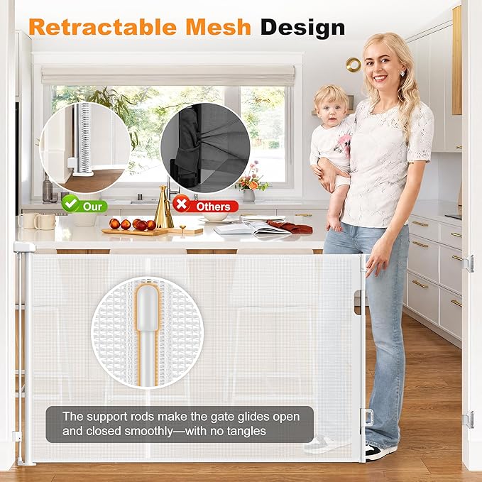 Reinforced Retractable Baby Gates 70” Wide Retractable Gate | with Support Rods to Prevent Bottom Escape, 33” Tall Mesh Dog Gate for Stairs, Doorways, Hallways, Decks, Indoor/Outdoor