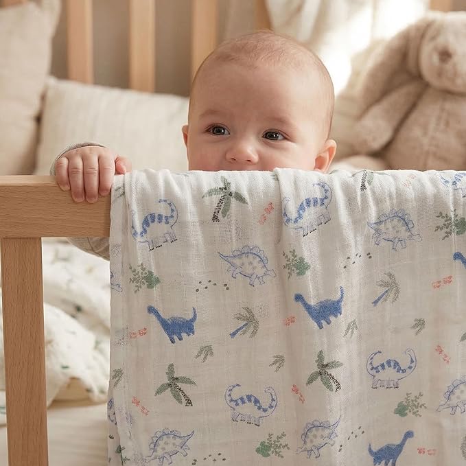 GLLQUEN BABY Receiving Blanket Boy Cotton Muslin Swaddle Blankets Girl Newborn Squares Breathable & Soft Thin Baby Blankets Cloths Double Absorbent Infant Swaddling Wrap - 6 Pack (Dinosaur)