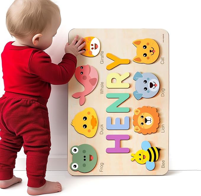 Cute Name Puzzle: Personalized with Name and Animals | 1st Birthday Gift, Wooden Toy Playful Learning Experience for Kids Ages 0-3: Handmade by Zuzu Puzzle, CPC Certified