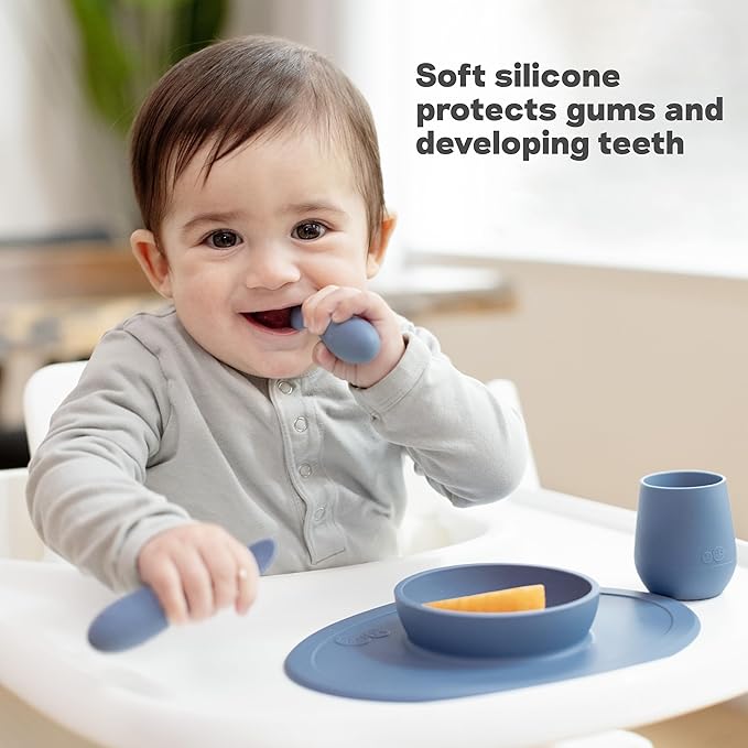 ezpz Baby Feeding Bundle – Tiny Spoon (2-Pack, Pewter) + Gumline Feeder (Sage) – 100% Silicone Baby-Led Weaning Set for 4–6+ Months – Infant Feeding Essentials