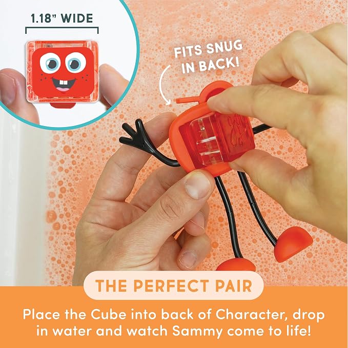 Glo Pals Water-Activated Light-Up Sensory Bath Toy Character and 6 Cubes for Bathtime and Sensory Play, Sammy, Glows Red