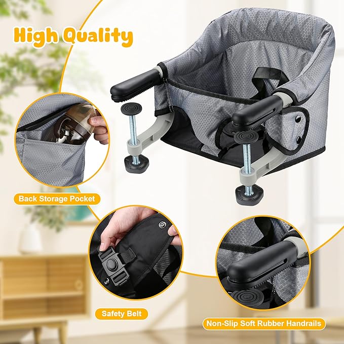 Hook On High Chair with Removable Dining Tray, Portable Travel Baby High Chair, Foldable Clip On Table Seat for 6-36 Months, Anti-Tear Fabric, Lightweight Baby Dining Chair with Carry Baby (Grey)