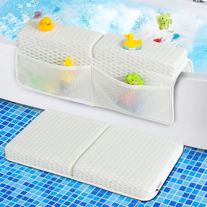 OS OMYSTYLE Baby Bath Kneeler and Elbow Rest Pad Set, 1.5'' Thick Quickly Dry Bathtub Kneeler Pad with Baby Toys & Bath Accessories Organizer, Kneeling and Elbow for Tub, Non-Slip Mat(White)