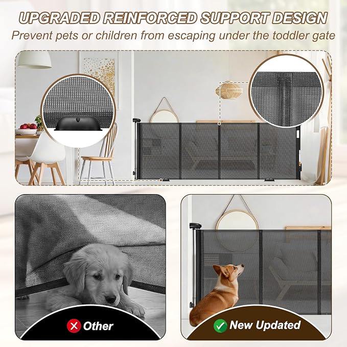 Reinforced 118" Wide Retractable Gate with Reinforced Strips, Indoor/Outdoor Retractable Dog Gate for Doorway Prevent Bottom Drilling Through, Safety Mesh Gate, Black