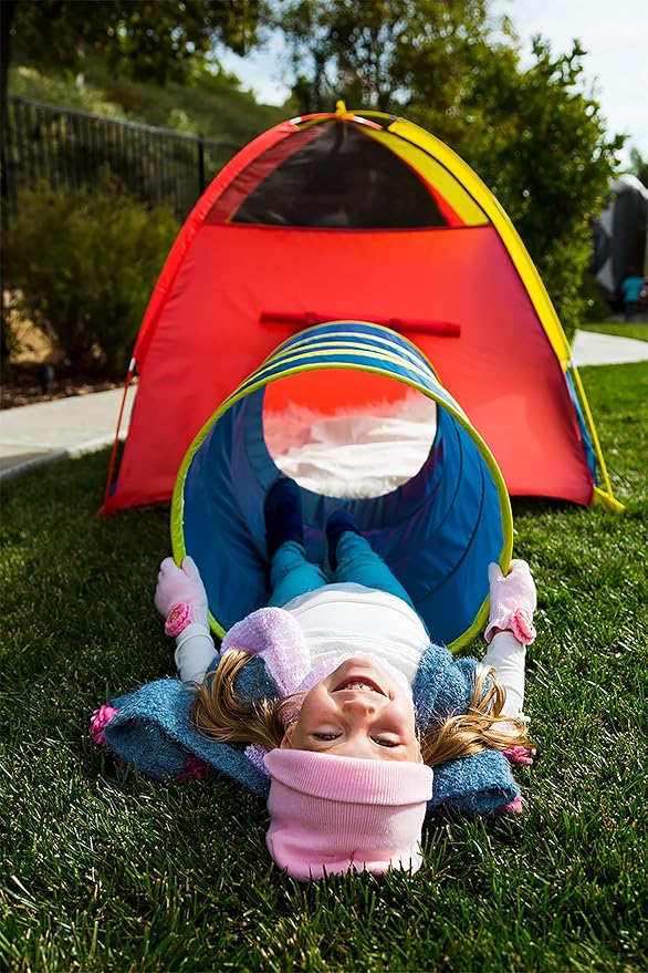 Pacific Play Tents 20414 Kids Hide-Me Dome Tent and Crawl Tunnel Combo for Indoor/Outdoor Play Red/Yellow/Blue Large